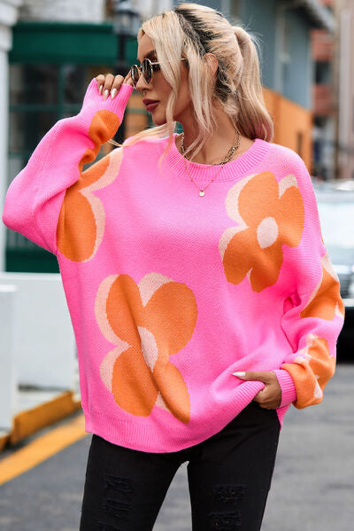 Flower Round Neck Dropped Shoulder Sweater free shipping -Oh Em Gee Boutique