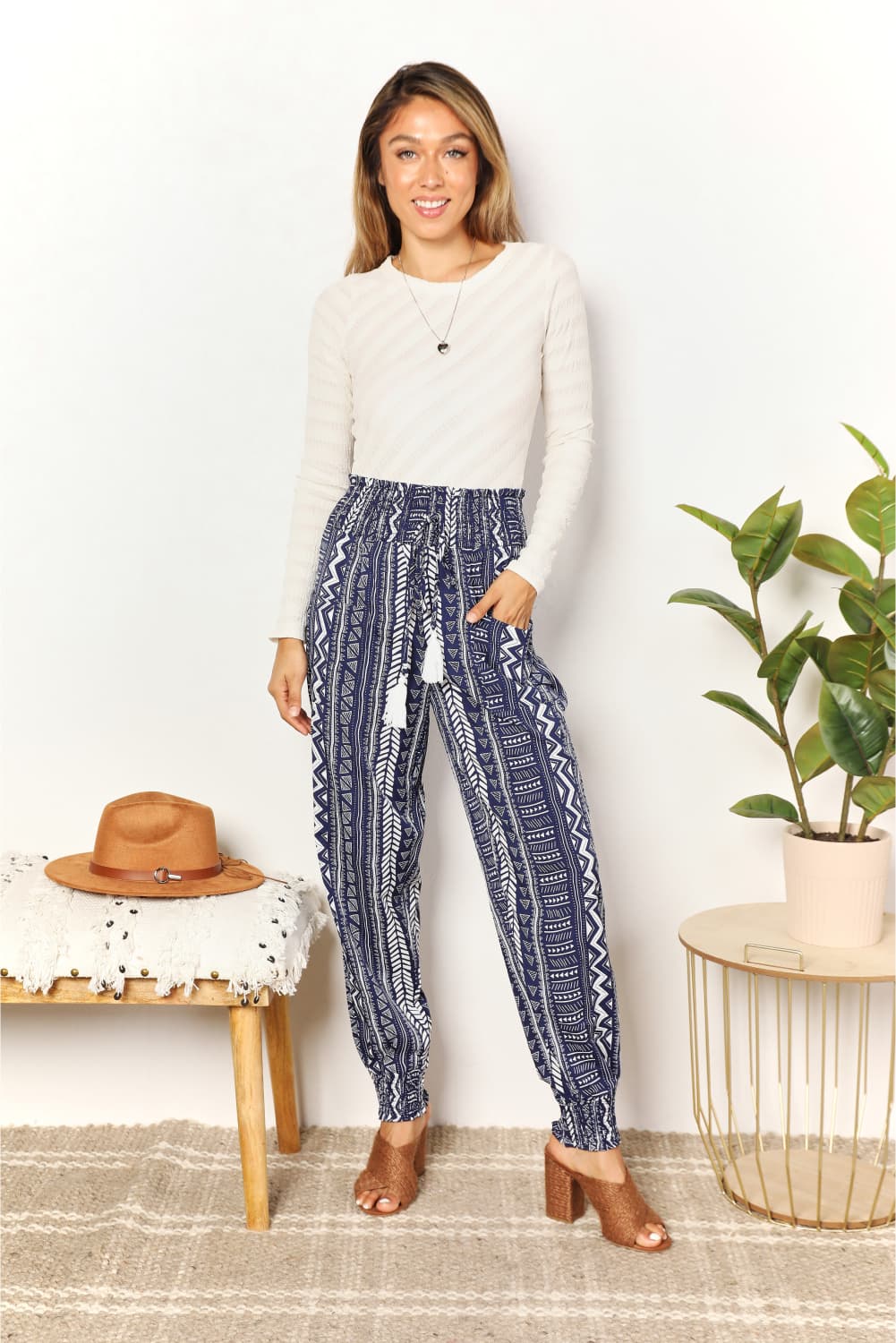 Double Take Geometric Print Tassel High-Rise Pants free shipping -Oh Em Gee Boutique