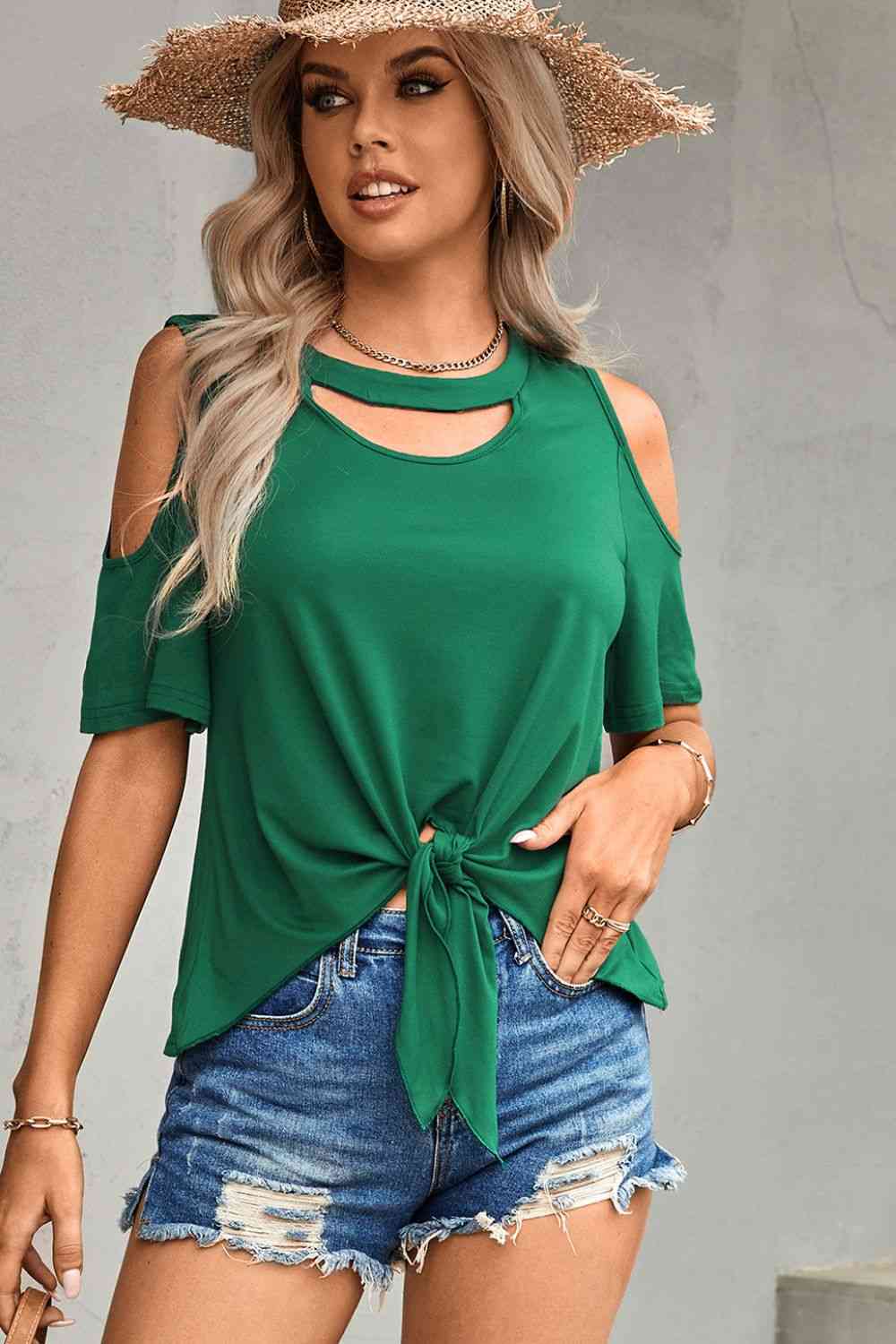 Tied Cutout Cold-Shoulder Top free shipping -Oh Em Gee Boutique