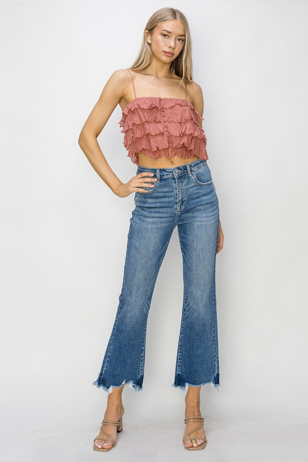 RISEN High Waist Raw Hem Flare Jeans free shipping -Oh Em Gee Boutique