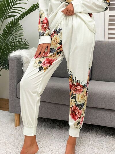 Printed Round Neck Top and Drawstring Pants Lounge Set free shipping -Oh Em Gee Boutique