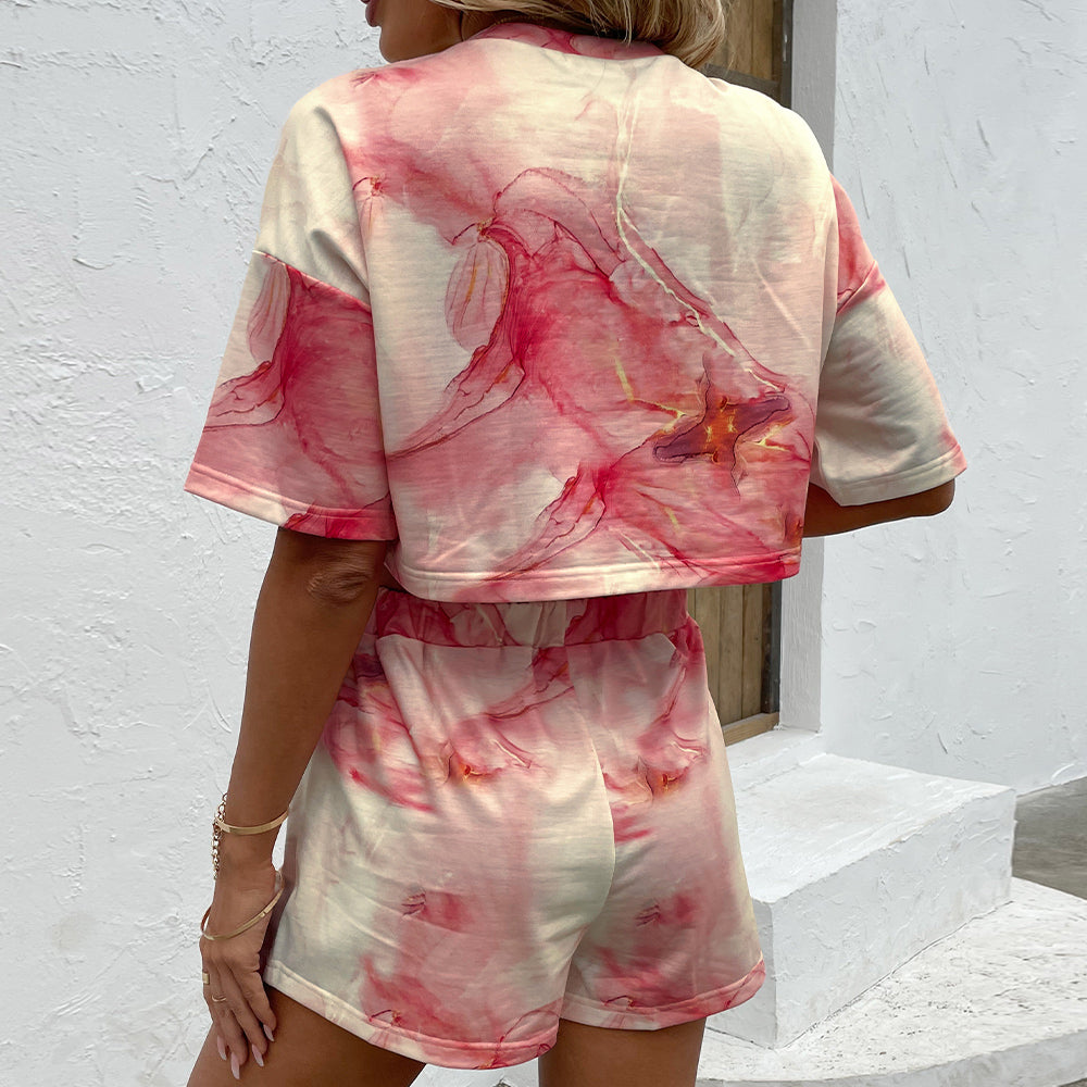 Printed Round Neck Dropped Shoulder Half Sleeve Top and Shorts Set free shipping -Oh Em Gee Boutique