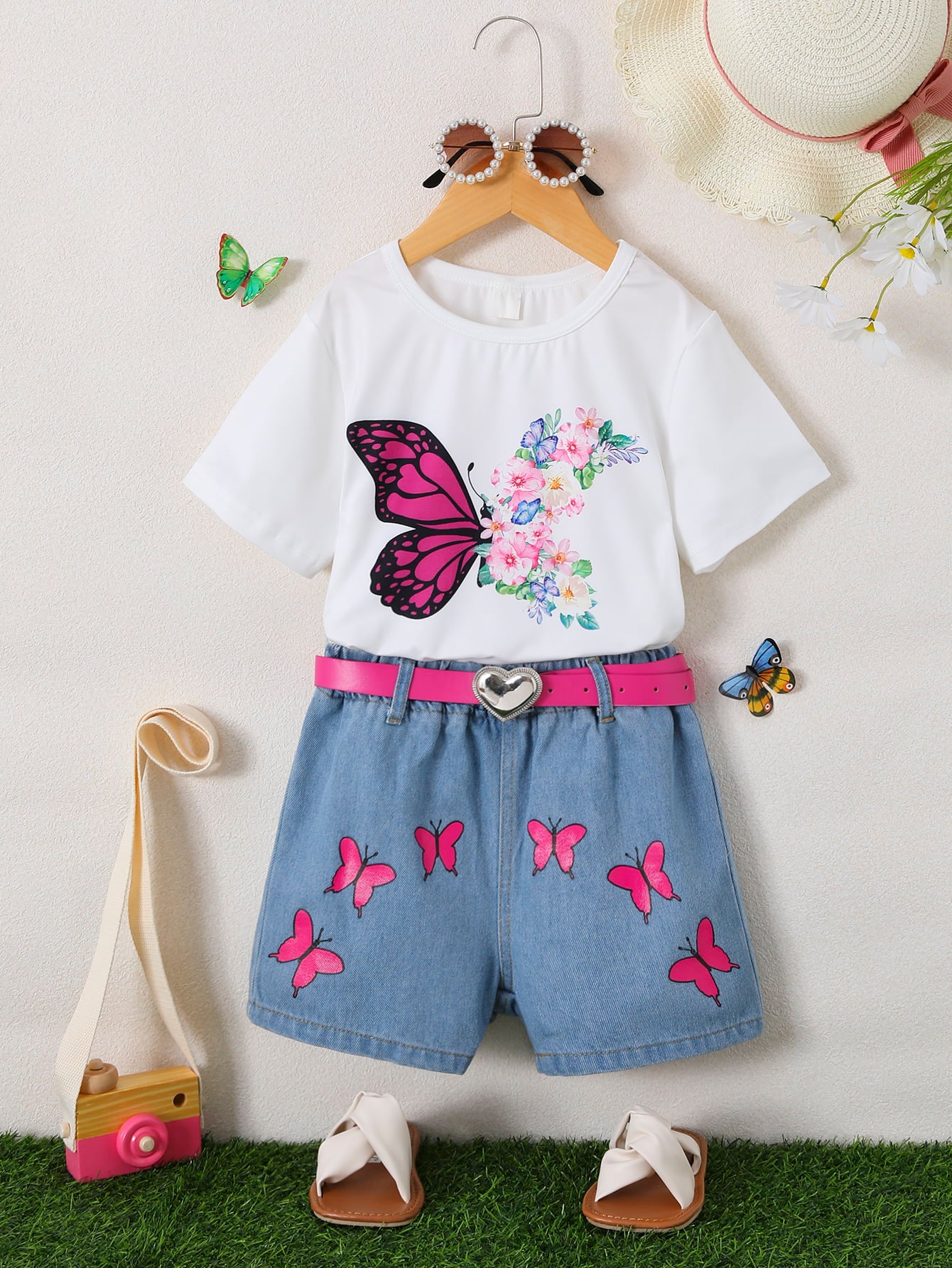 Little Girl's Butterfly Graphic Top and Belted Denim Shorts Set free shipping -Oh Em Gee Boutique