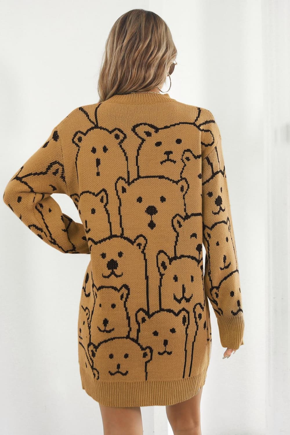 Bear Pattern Round Neck Sweater Dress free shipping -Oh Em Gee Boutique