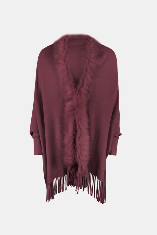 Fringe Open Front Long Sleeve Poncho free shipping -Oh Em Gee Boutique