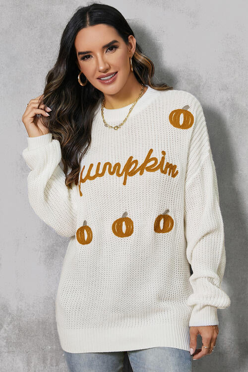 Pumpkin Embroidery Long Sleeve Sweater free shipping -Oh Em Gee Boutique