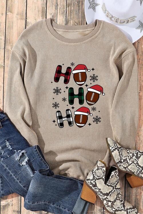 Christmas Football HO HO HO Graphic Ribbed Sweatshirt free shipping -Oh Em Gee Boutique