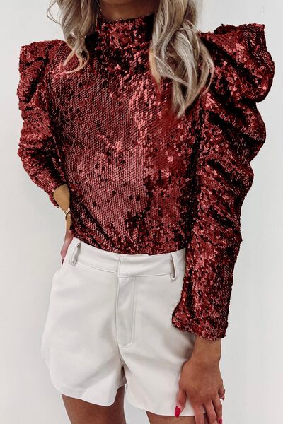 Sequin Mock Neck Leg-Of-Mutton Sleeve Top free shipping -Oh Em Gee Boutique