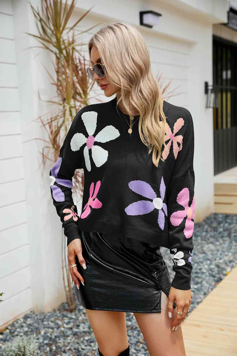 Flower Round Neck Drop Shoulder Sweater free shipping -Oh Em Gee Boutique
