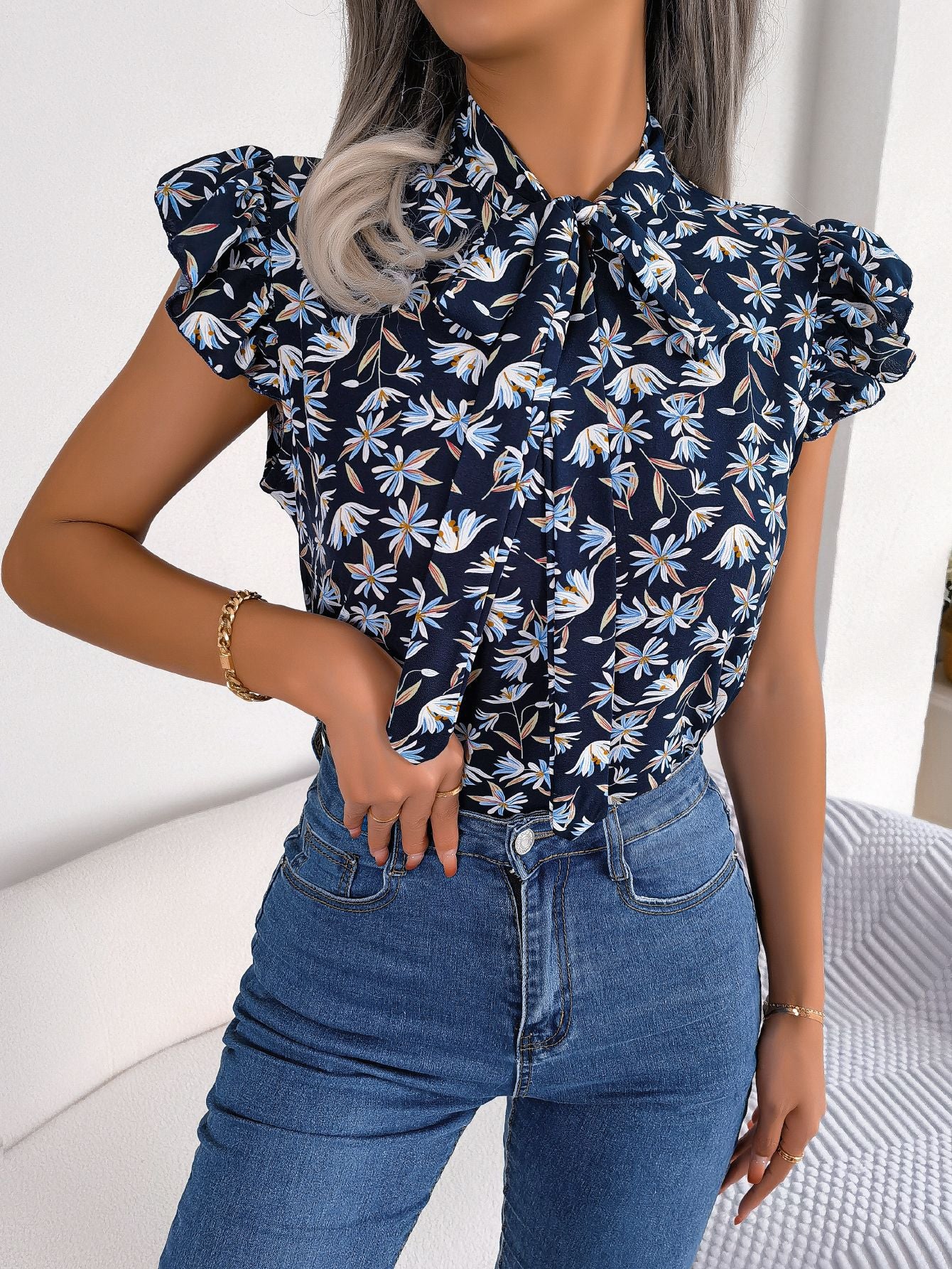 Floral Tie Neck Flutter Sleeve Blouse free shipping -Oh Em Gee Boutique