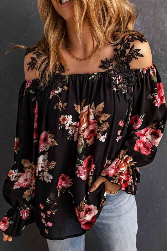 Floral Lace Cold-Shoulder Flounce Sleeve Blouse free shipping -Oh Em Gee Boutique