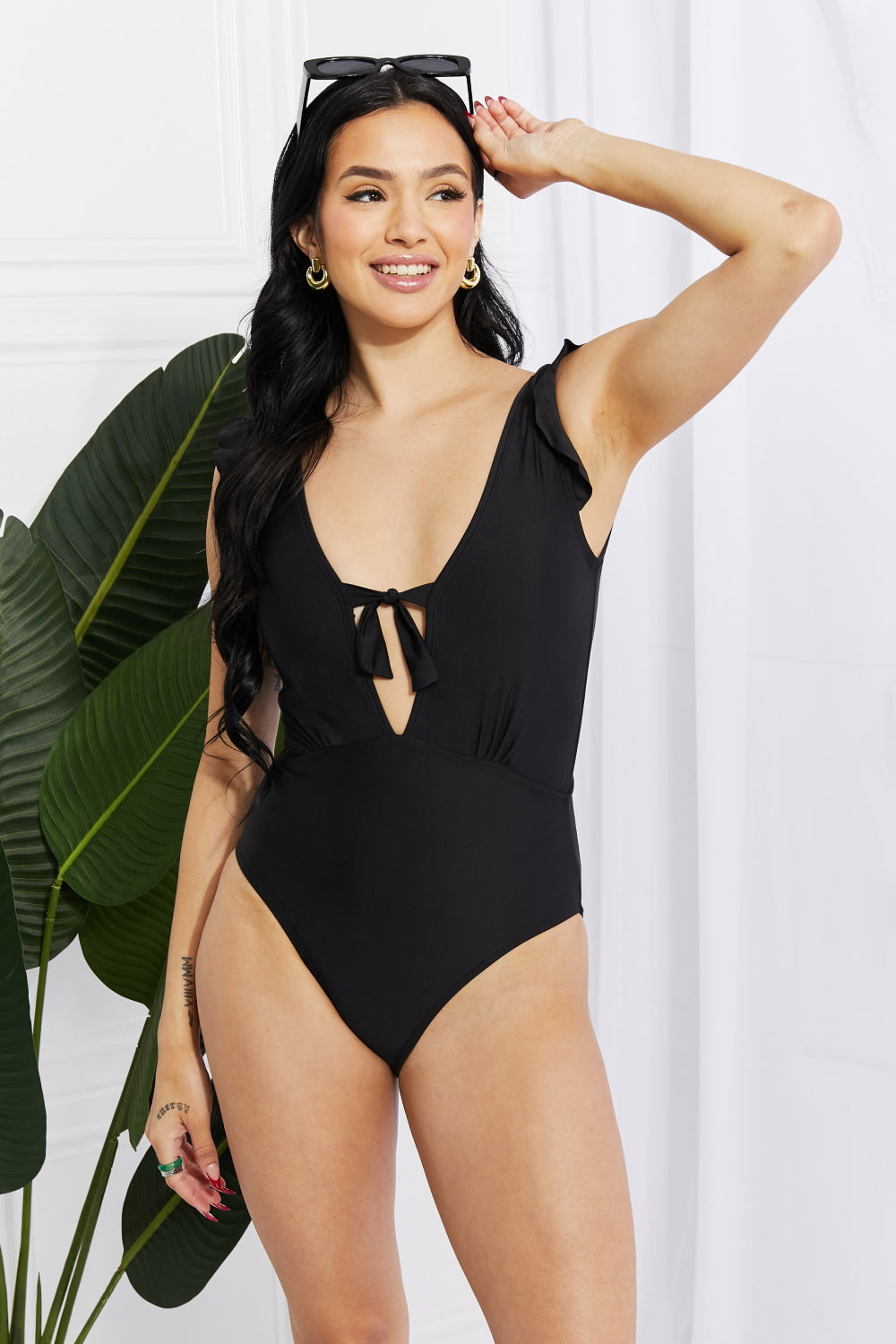 Marina West Swim Seashell Ruffle Sleeve One-Piece in Black free shipping -Oh Em Gee Boutique