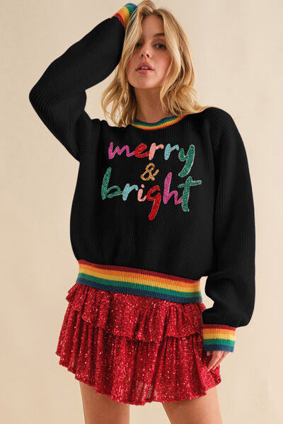 MERRY & BRIGHT Ribbed Round Neck Sweater free shipping -Oh Em Gee Boutique