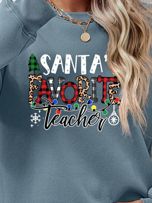 Letter Graphic Sweatshirt, Santa's Favorite Teacher free shipping -Oh Em Gee Boutique