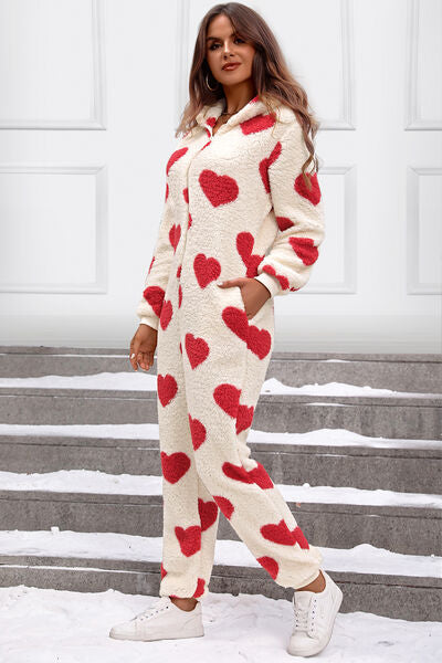 Fuzzy Heart Zip Up Hooded Lounge Jumpsuit free shipping -Oh Em Gee Boutique