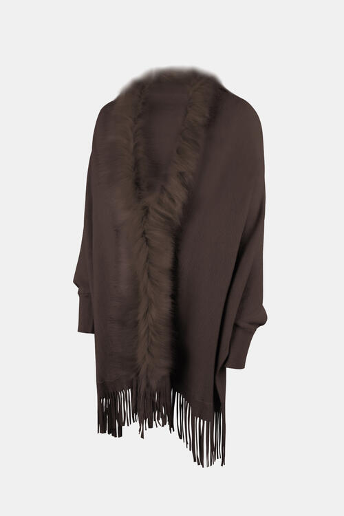 Fringe Open Front Long Sleeve Poncho free shipping -Oh Em Gee Boutique