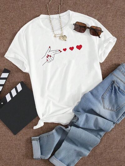 Full Size Heart Round Neck Short Sleeve T-Shirt free shipping -Oh Em Gee Boutique
