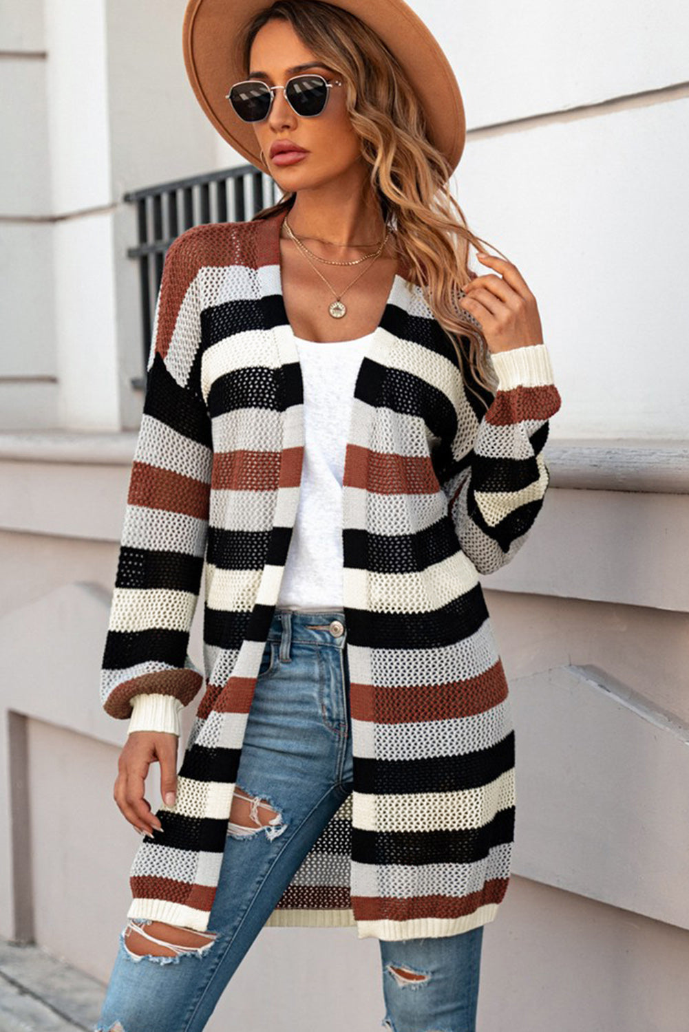 Full Size Striped Long Sleeve Openwork Cardigan free shipping -Oh Em Gee Boutique