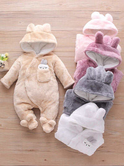Baby's Rabbit Decor Long Sleeve Hooded Snapped Jumpsuit free shipping -Oh Em Gee Boutique