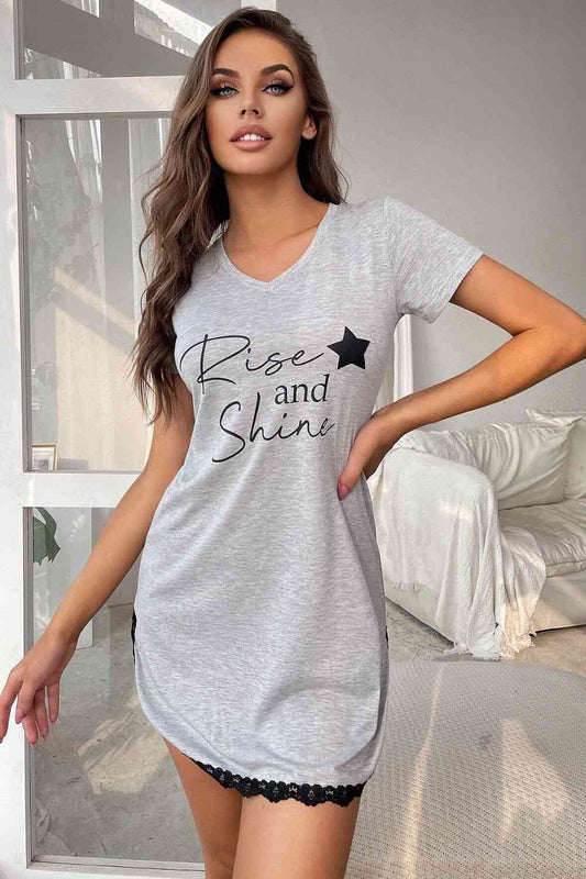RISE AND SHINE Contrast Lace V-Neck T-Shirt Dress free shipping -Oh Em Gee Boutique