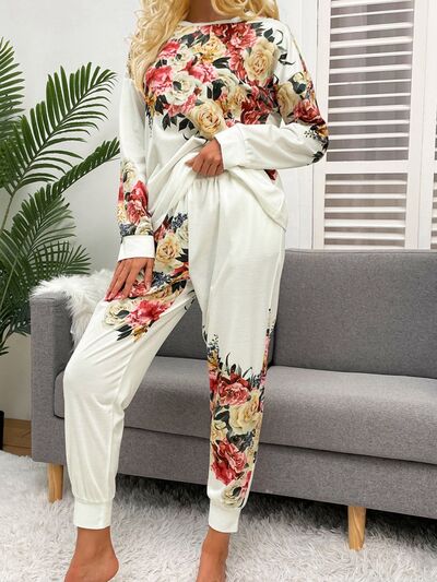 Printed Round Neck Top and Drawstring Pants Lounge Set free shipping -Oh Em Gee Boutique