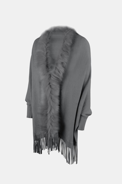 Fringe Open Front Long Sleeve Poncho free shipping -Oh Em Gee Boutique