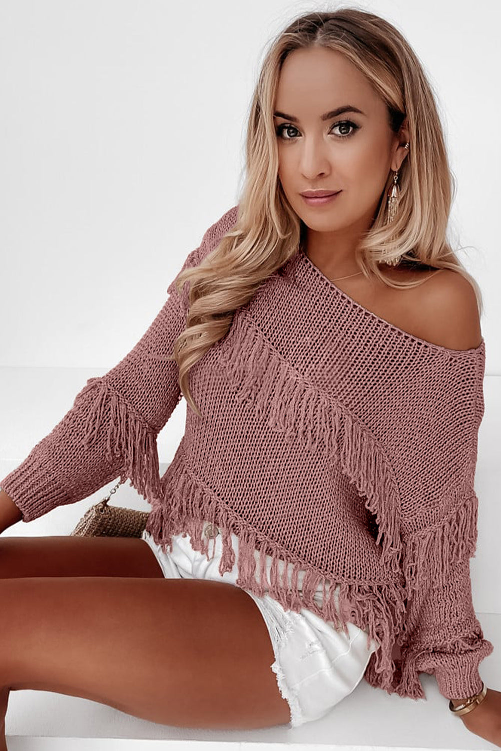 Fringe Detail Long Sleeve Sweater free shipping -Oh Em Gee Boutique