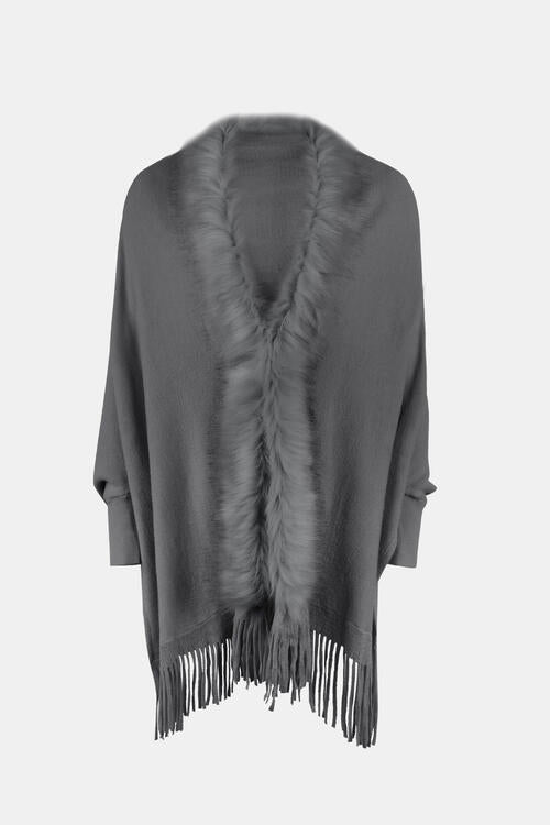 Fringe Open Front Long Sleeve Poncho free shipping -Oh Em Gee Boutique