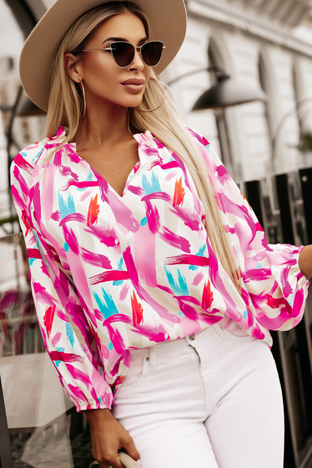 Printed V-Neck Balloon Sleeve Blouse free shipping -Oh Em Gee Boutique
