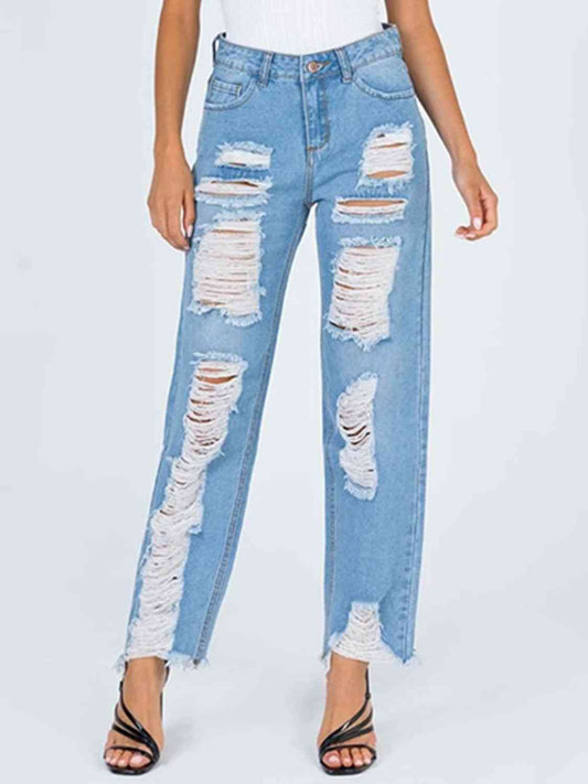 Raw Hem Distressed Straight Jeans free shipping -Oh Em Gee Boutique