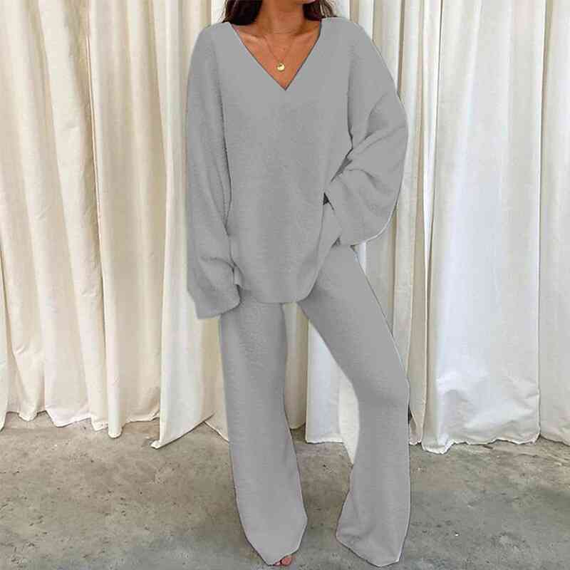 V-Neck Long Sleeve Top and Long Pants Set free shipping -Oh Em Gee Boutique