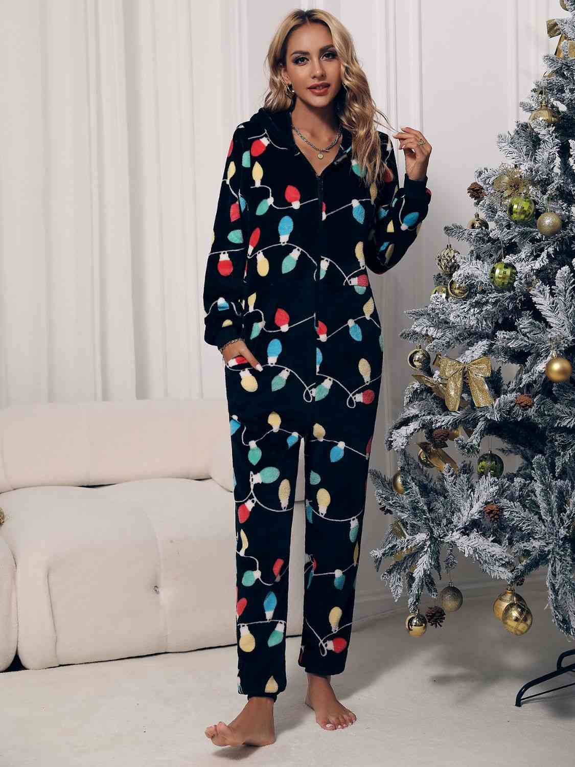 Christmas Lights Zip Front Hooded Lounge Jumpsuit with Pockets free shipping -Oh Em Gee Boutique