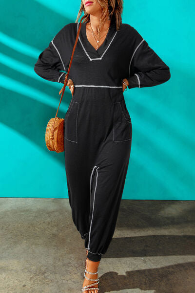 Contrast Stitching Pocketed Dropped Shoulder Jumpsuit free shipping -Oh Em Gee Boutique